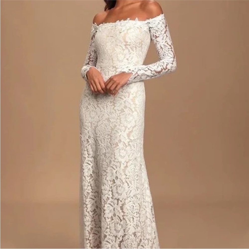 Lulu’s Romance Dreamer off the shoulder long sleeve Maxi Bridal dress